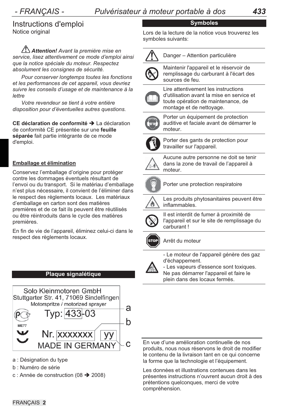 Instructions d'emploi | SOLO 433 Hochdruckspritze User Manual | Page 38 / 112