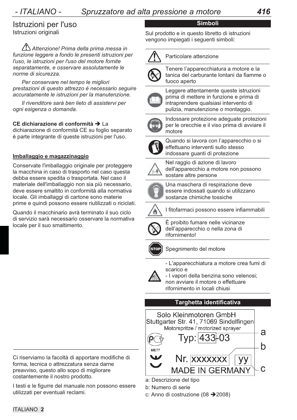 Istruzioni per l'uso | SOLO 433 Hochdruckspritze User Manual | Page 74 / 112