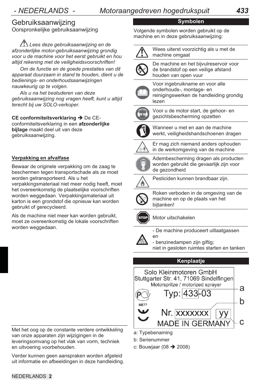 Nederlands - motoraangedreven hogedrukspuit 433, Gebruiksaanwijzing | SOLO 433 Hochdruckspritze User Manual | Page 92 / 112