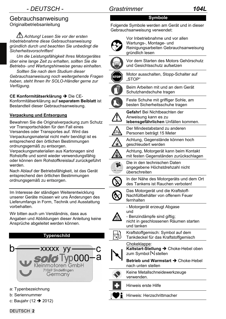 9104110_de_01_2012, Deutsch - grastrimmer 104l, Gebrauchsanweisung | SOLO 104L Grastrimmer User Manual | Page 2 / 104