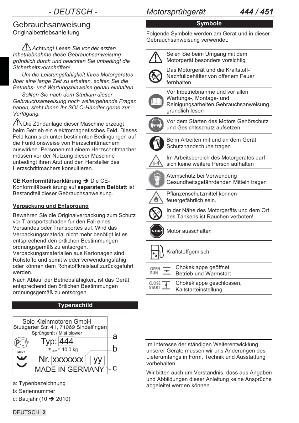 Gebrauchsanweisung | SOLO 444 Motorsprühgerät User Manual | Page 2 / 84