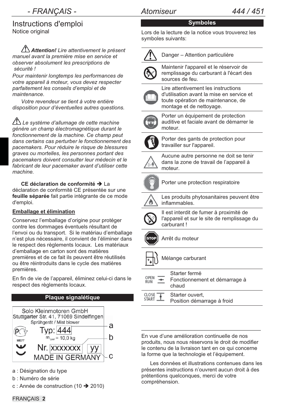 Instructions d'emploi | SOLO 444 Motorsprühgerät User Manual | Page 34 / 84