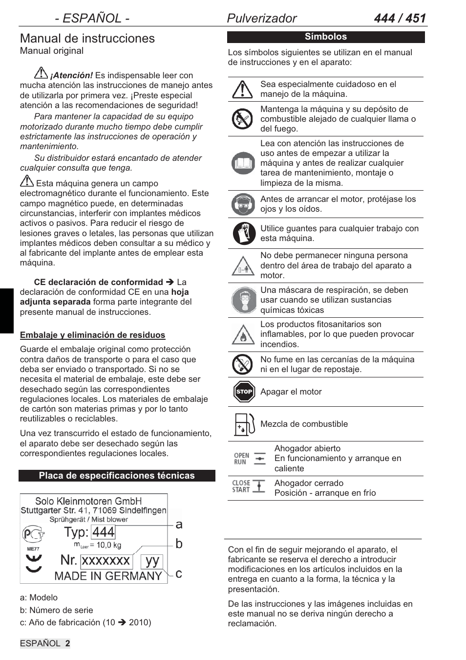 Manual de instrucciones | SOLO 444 Motorsprühgerät User Manual | Page 50 / 84