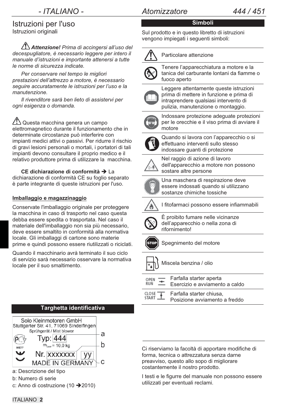 Istruzioni per l'uso | SOLO 444 Motorsprühgerät User Manual | Page 66 / 84