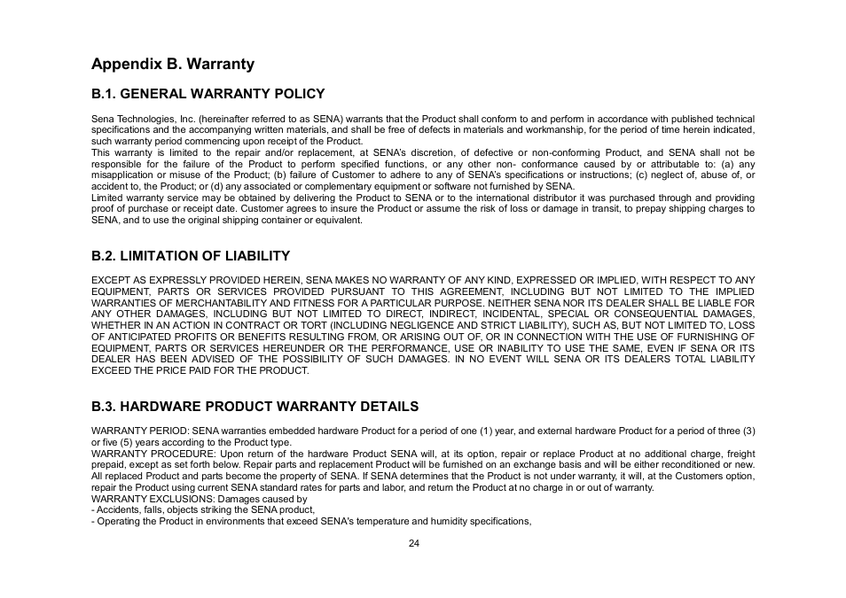Appendix b. warranty | SENA Parani-UD100 User Manual | Page 24 / 26