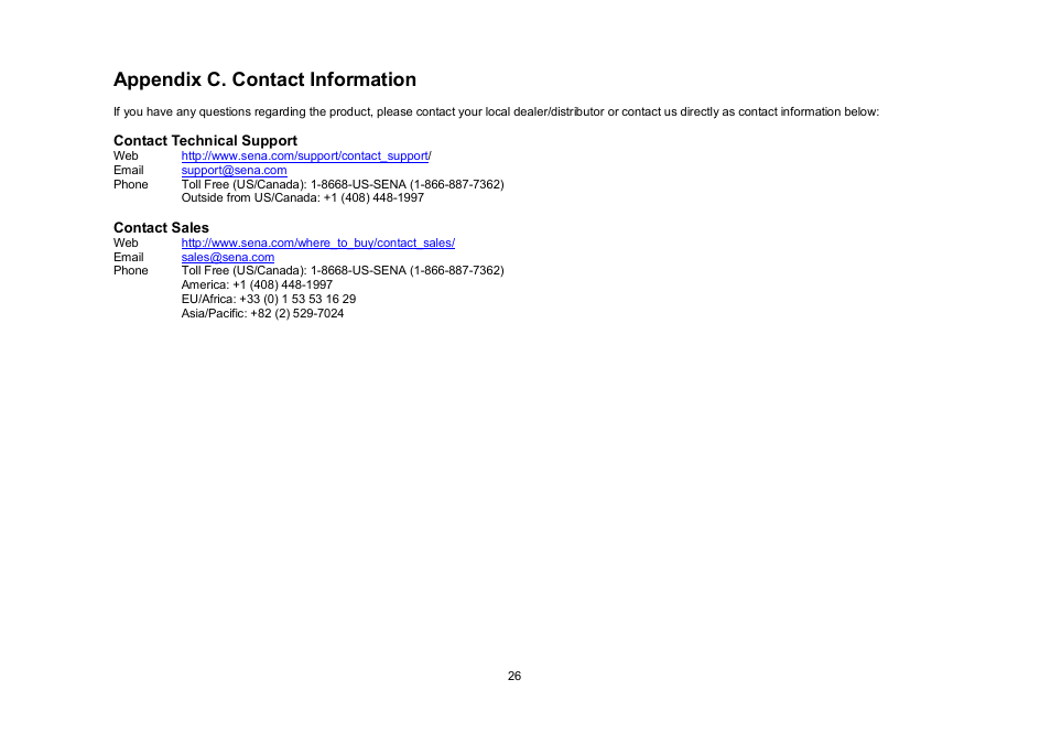 Appendix c. contact information | SENA Parani-UD100 User Manual | Page 26 / 26