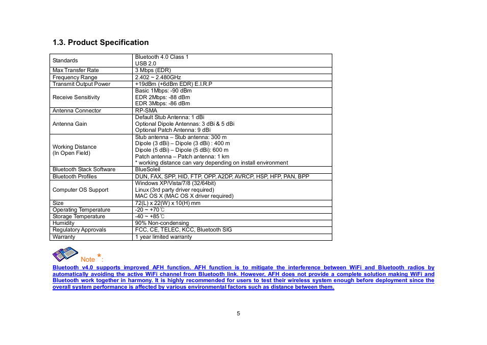 Product specification | SENA Parani-UD100 User Manual | Page 5 / 26