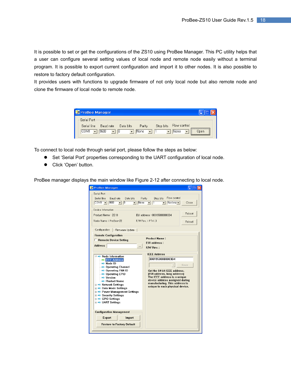 4 using probee manager for configuration, 1 serial port open, Using probee manager for configuration | Serial port open | SENA ProBee-ZS10 User Manual | Page 18 / 76