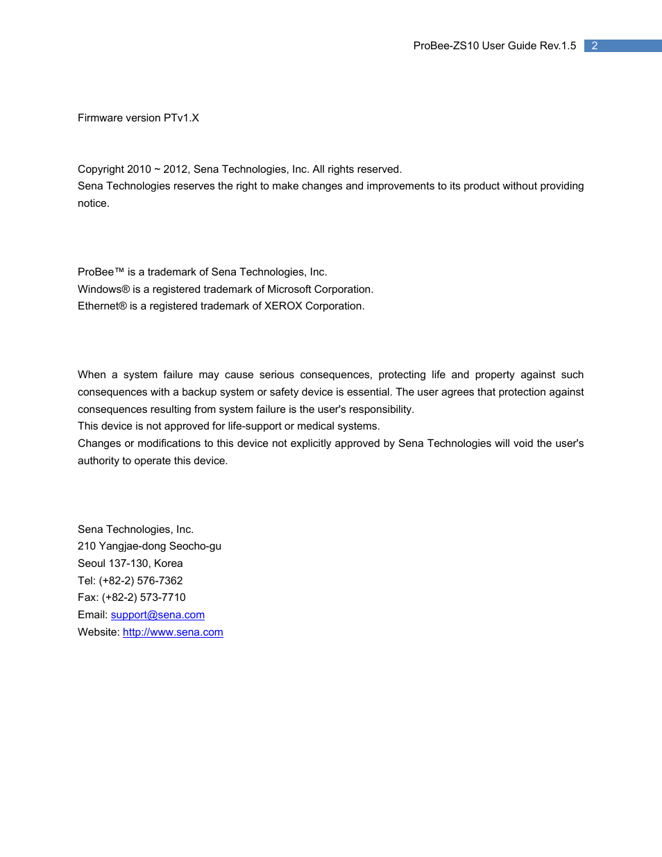 Probee-zs10 user guide, Copyright, Trademark | Notice to users, Technical support | SENA ProBee-ZS10 User Manual | Page 2 / 76