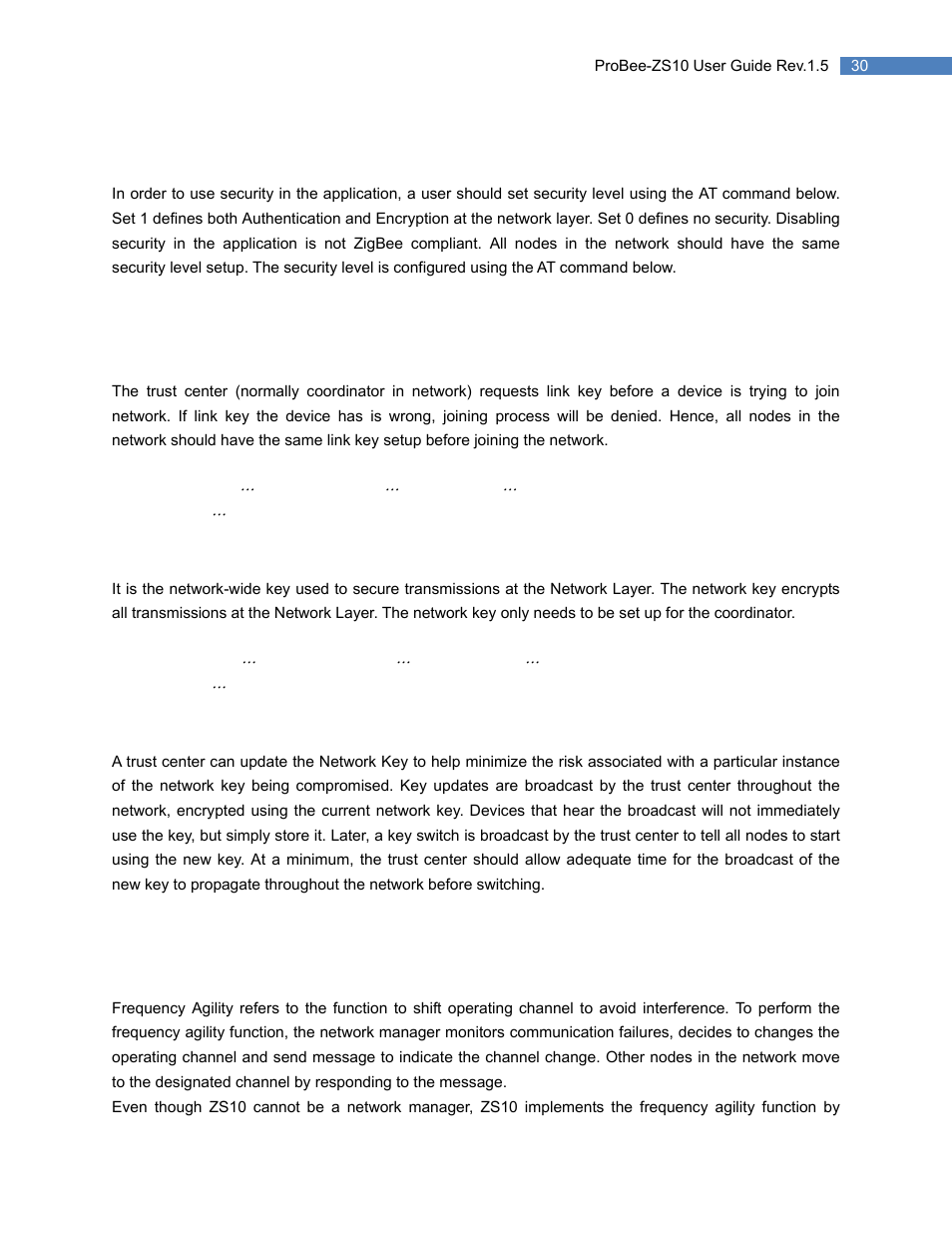 1 security level, 2 link key, 3 network key | 4 update key, 6 frequency agility, Security level, Link key, Network key, Update key, Frequency agility | SENA ProBee-ZS10 User Manual | Page 30 / 76