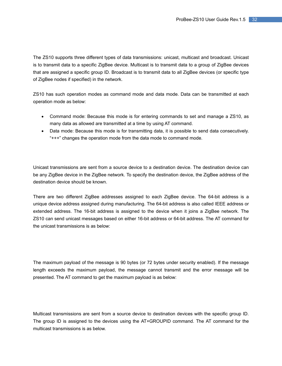 4 data transmission, 1 command mode, 1 unicast | 2 multicast, Data transmission, Command mode, Unicast, Multicast | SENA ProBee-ZS10 User Manual | Page 32 / 76