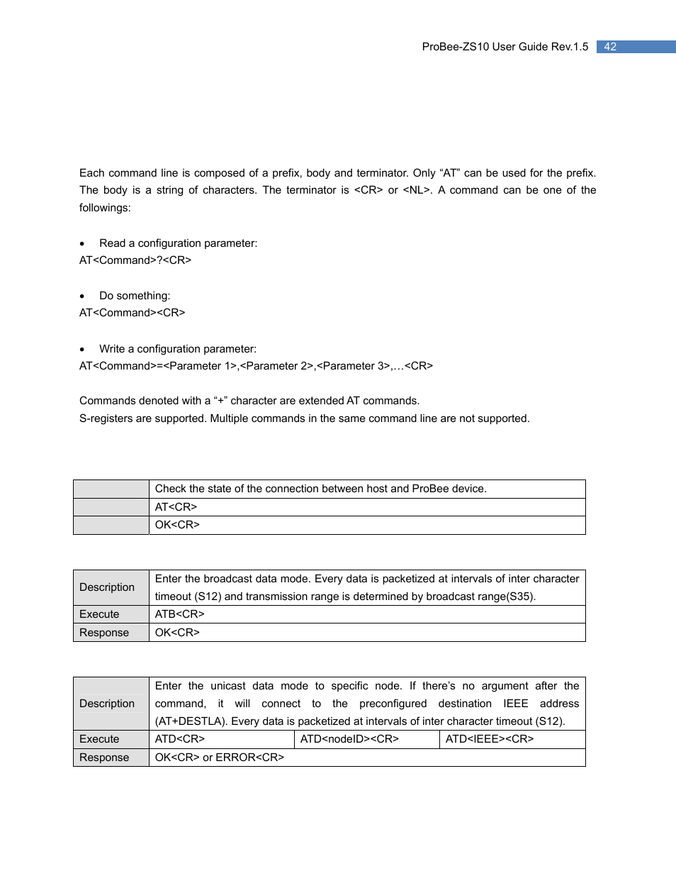 5 at command reference, 1 command line format, 2 standard at commands | 1 at, 2 atb, 3 atd, At command reference, Command line format, Standard at commands, 5at command reference | SENA ProBee-ZS10 User Manual | Page 42 / 76