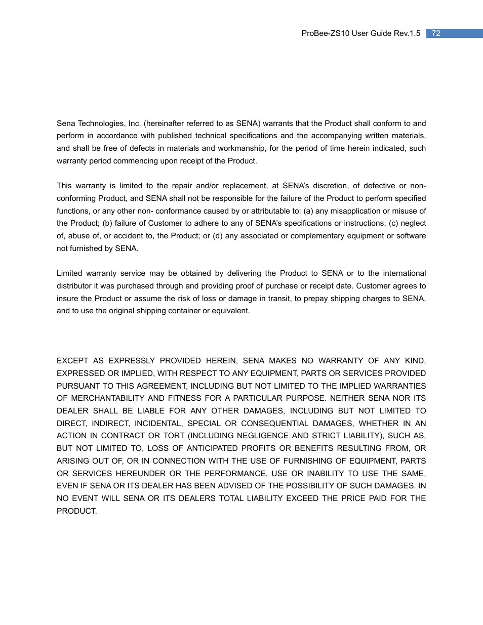 10 warranty, 1 general warranty policy, 2 limitation of liability | Warranty | SENA ProBee-ZS10 User Manual | Page 72 / 76