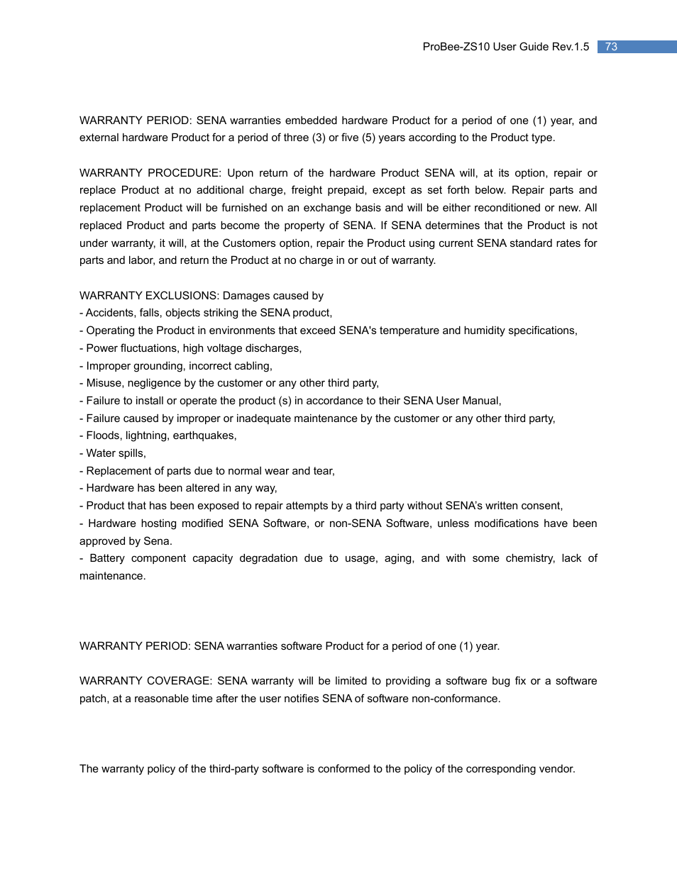 3 hardware product warranty details, 4 software product warranty details, 5 third-party software product warranty details | SENA ProBee-ZS10 User Manual | Page 73 / 76