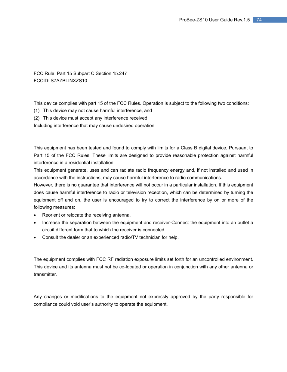 11 regulatory information, 1 fcc, Fcc compliance statement | Information to user, Rf exposure statement, Do not, Regulatory information | SENA ProBee-ZS10 User Manual | Page 74 / 76