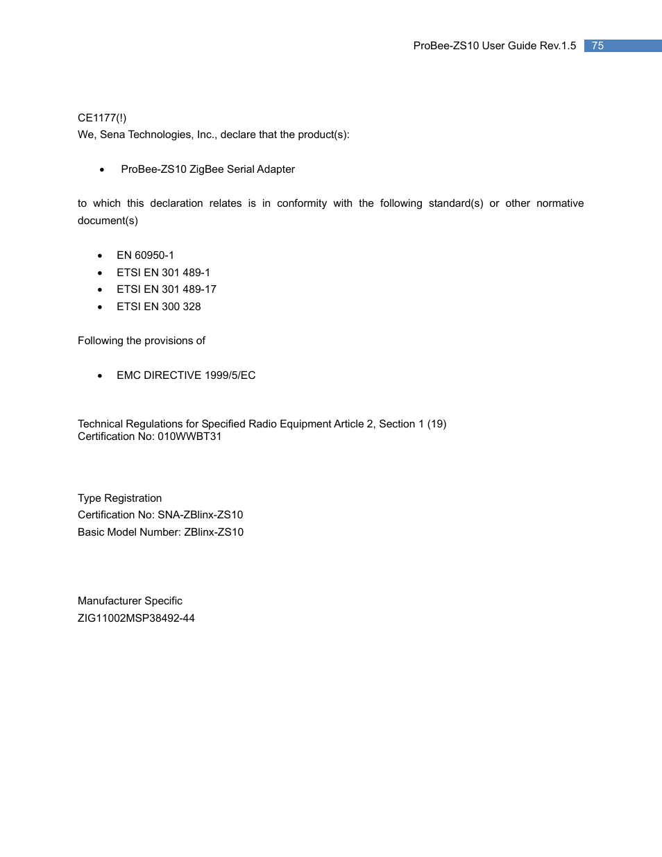 2 ce, 3 telec, 4 kcc | 5 zigbee alliance, 2 ce 11.3 telec 11.4 kcc 11.5 zigbee alliance | SENA ProBee-ZS10 User Manual | Page 75 / 76