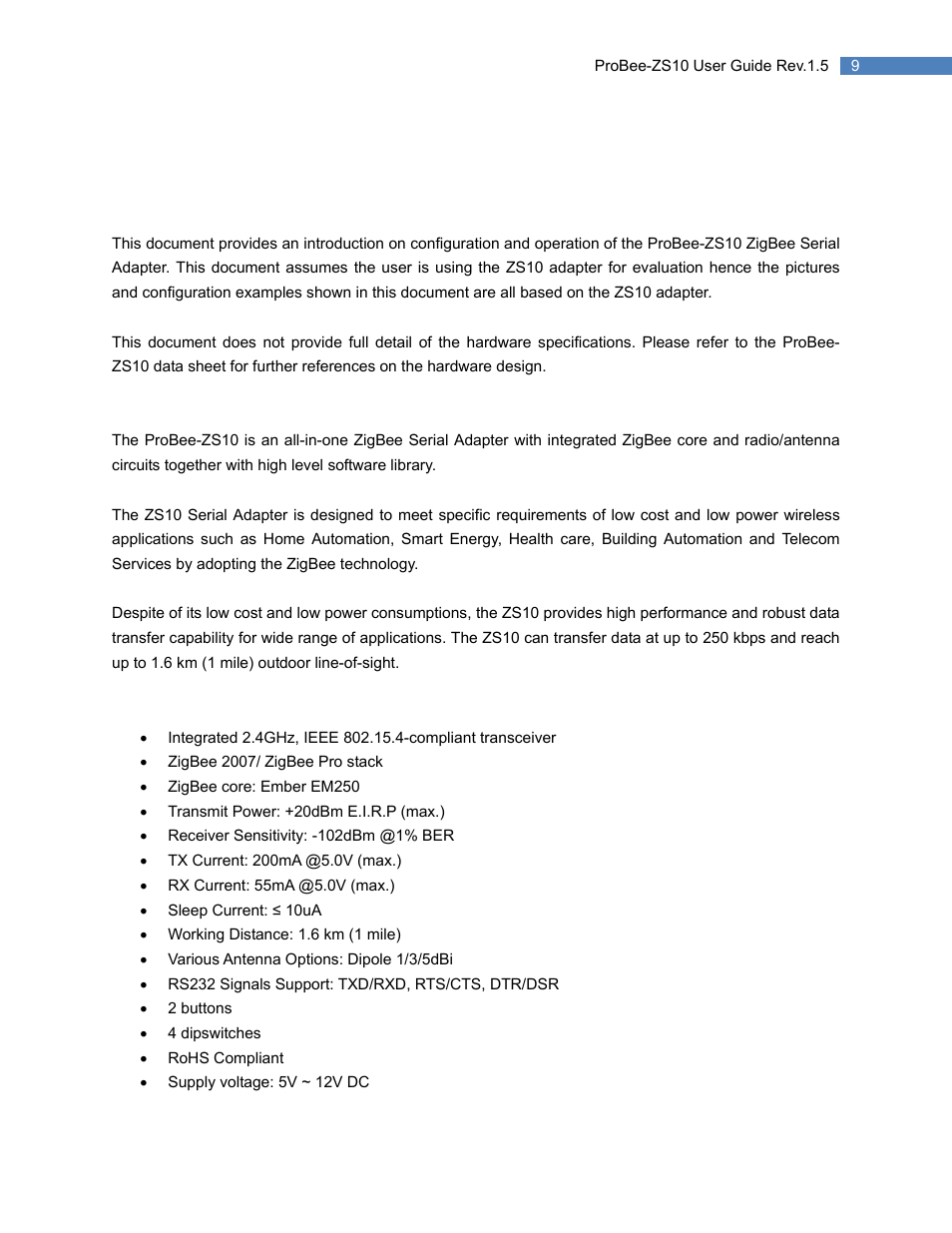 1 introduction, 1 about this document, 2 overview | Key features, Introduction, About this document, Overview | SENA ProBee-ZS10 User Manual | Page 9 / 76