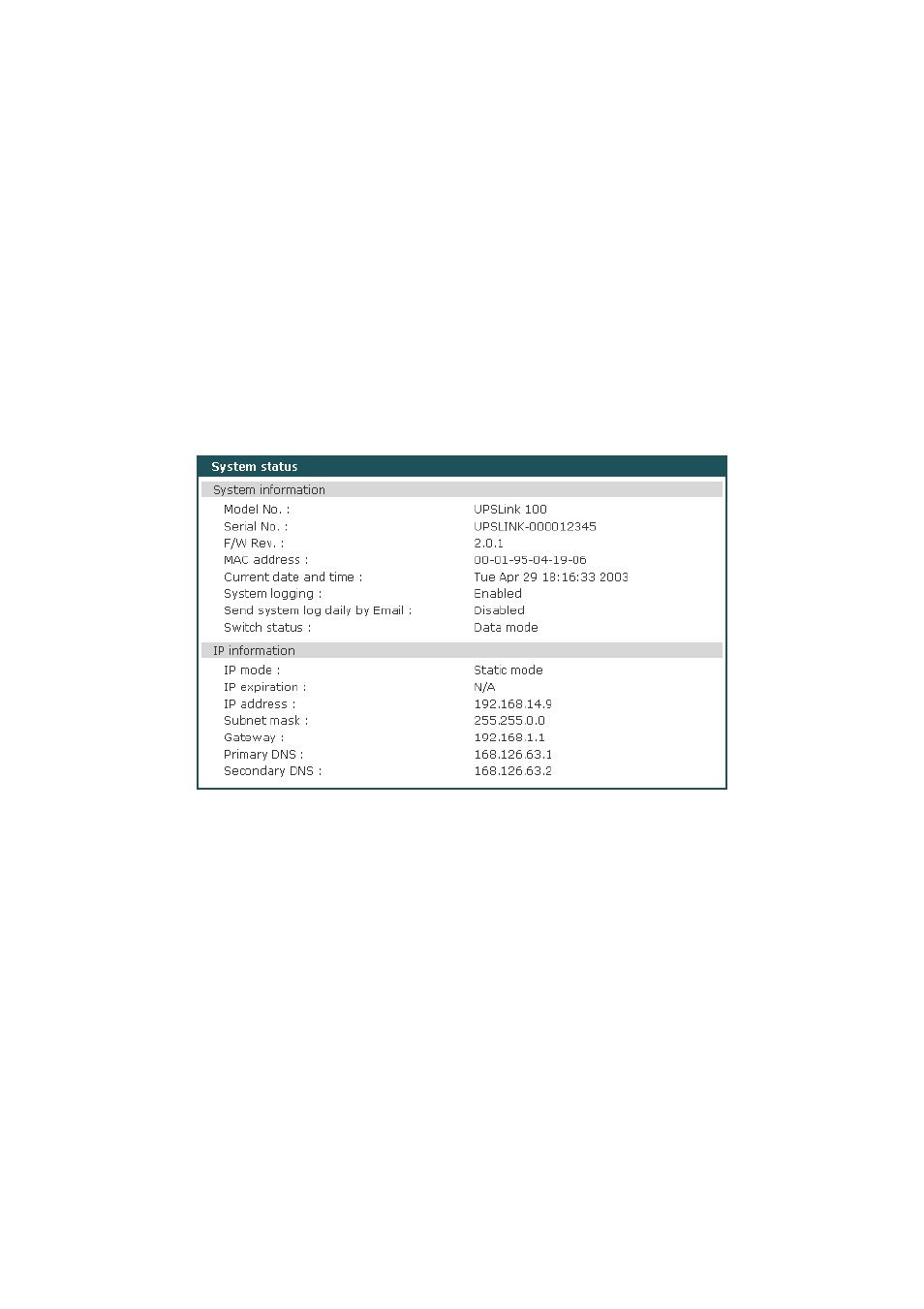 System status and log, 1 system status, 2 system log configuration | SENA UPSLink100 User Manual | Page 36 / 54