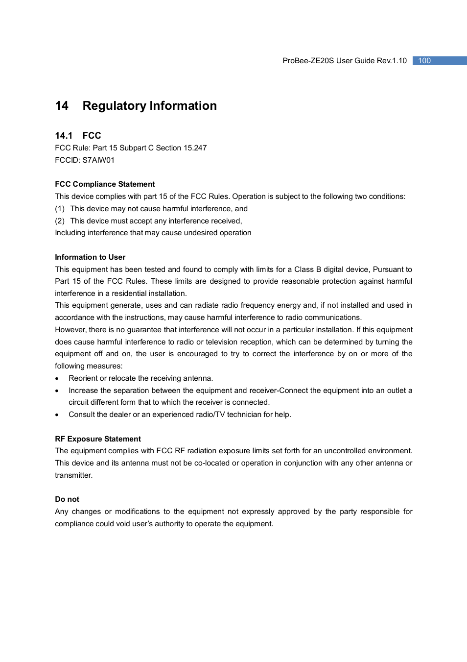 14 regulatory information | SENA ProBee-ZE20S User Manual | Page 100 / 102