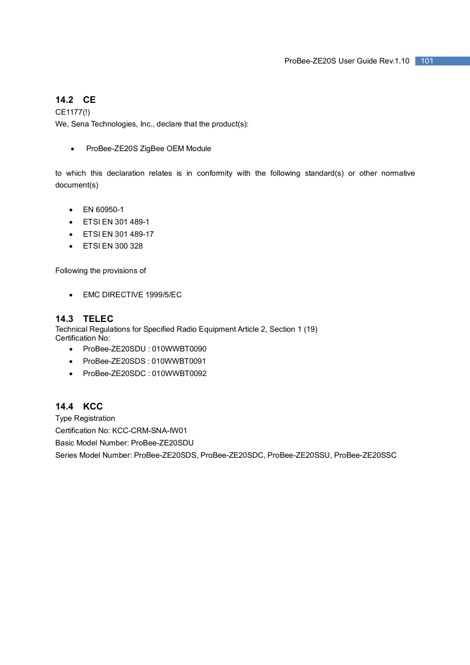 SENA ProBee-ZE20S User Manual | Page 101 / 102