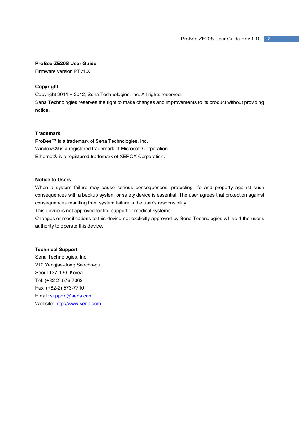 SENA ProBee-ZE20S User Manual | Page 2 / 102