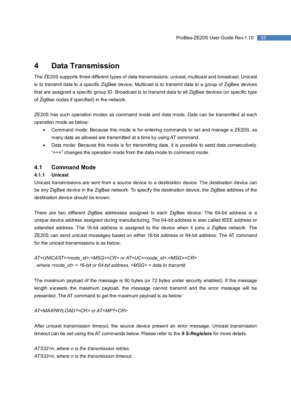 4data transmission | SENA ProBee-ZE20S User Manual | Page 33 / 102