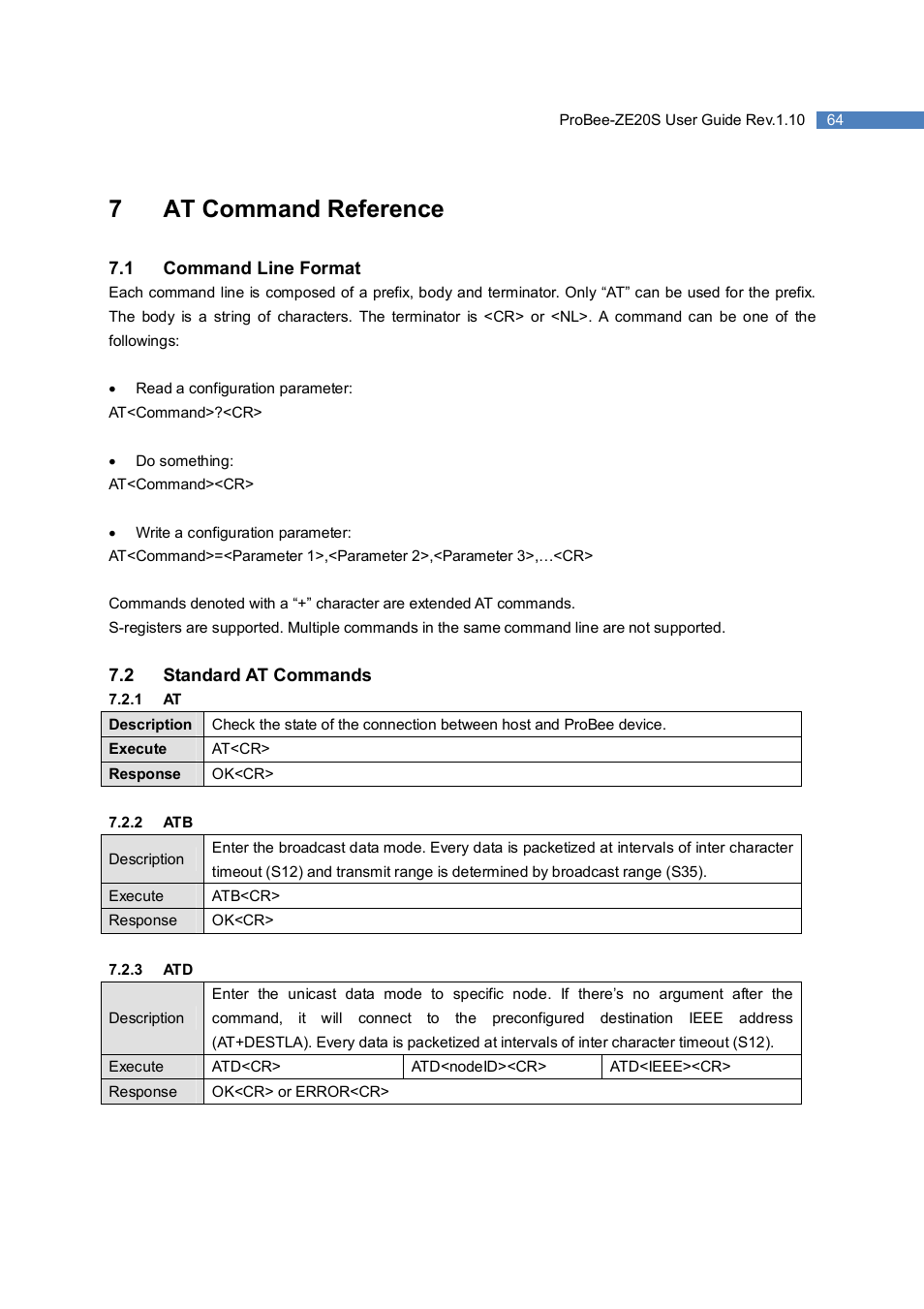 7at command reference | SENA ProBee-ZE20S User Manual | Page 64 / 102