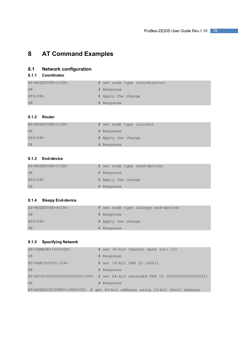 8at command examples | SENA ProBee-ZE20S User Manual | Page 78 / 102