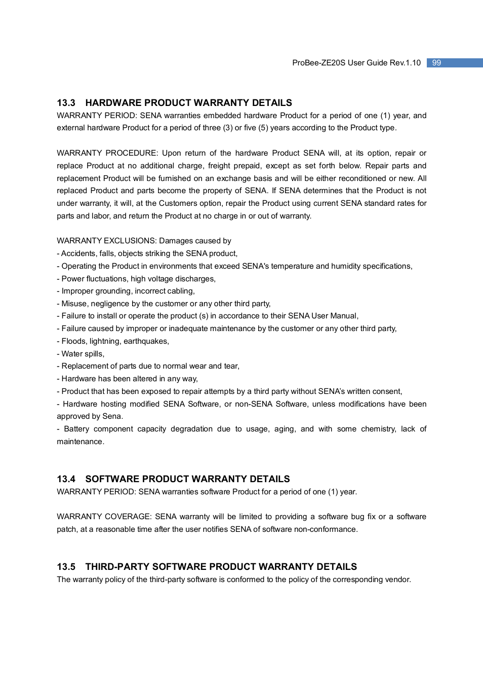 SENA ProBee-ZE20S User Manual | Page 99 / 102