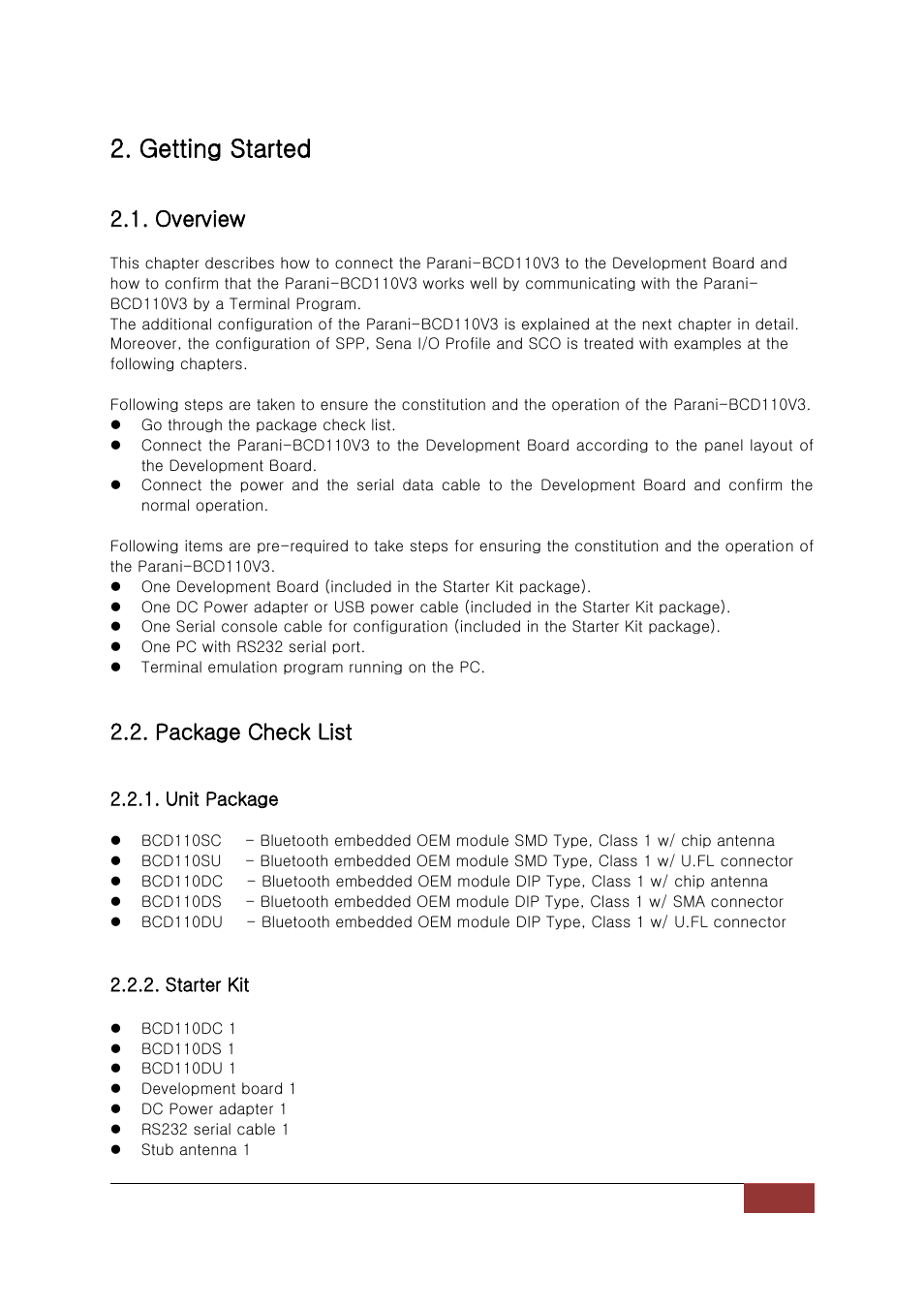 Getting started, Overview, Package check list | SENA Parani-BCD110V3 User Manual | Page 11 / 85