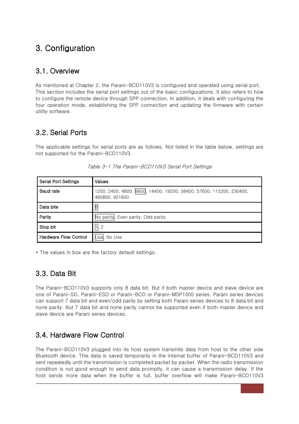 Configuration, Overview, Serial ports | Data bit, Hardware flow control | SENA Parani-BCD110V3 User Manual | Page 16 / 85