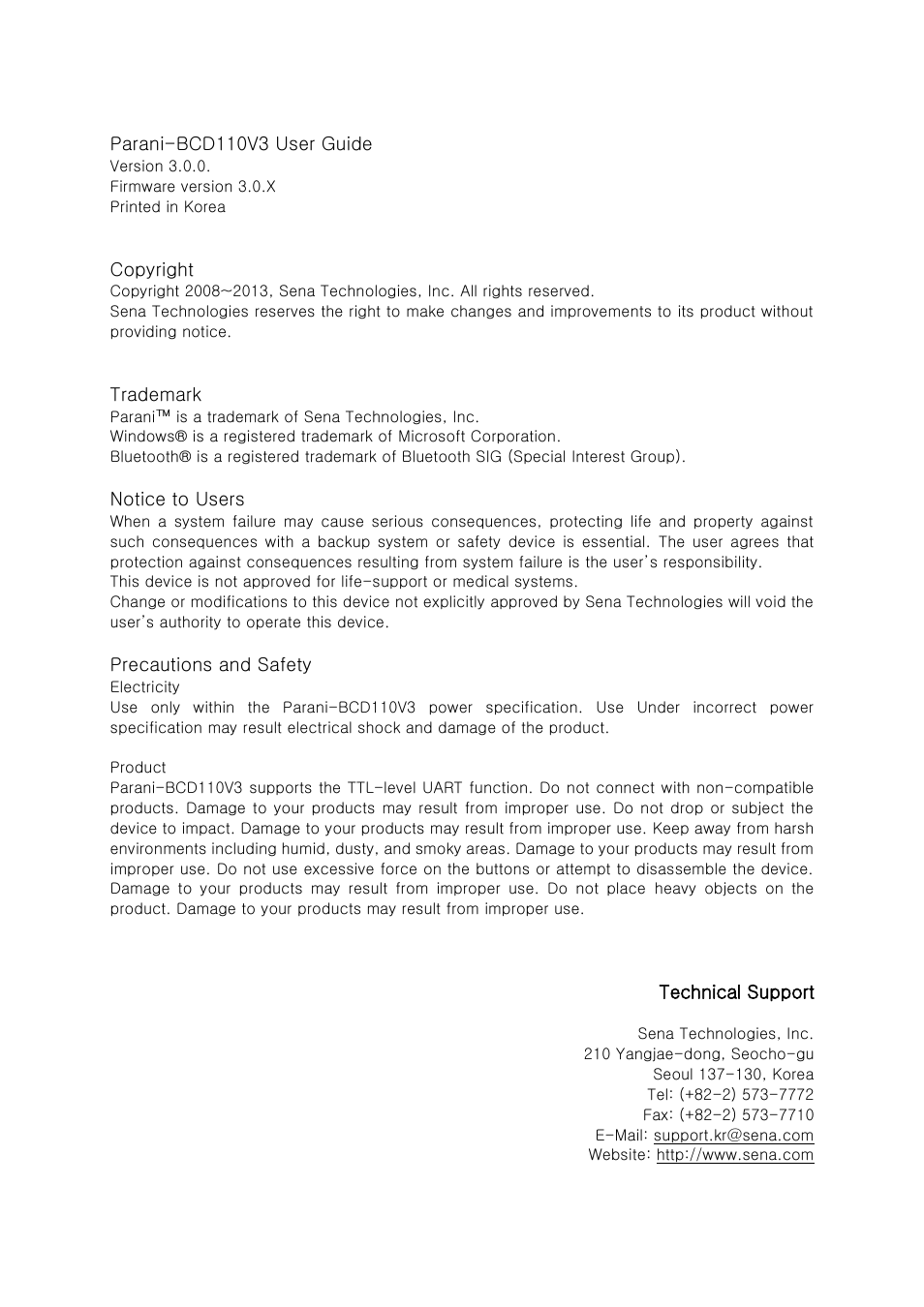 SENA Parani-BCD110V3 User Manual | Page 2 / 85