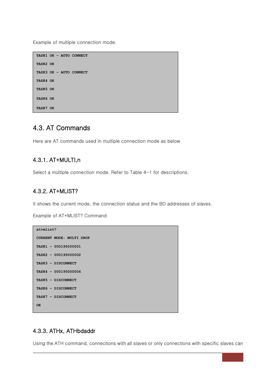 At commands, At+multi,n, At+mlist | Athx, athbdaddr | SENA Parani-BCD110V3 User Manual | Page 29 / 85