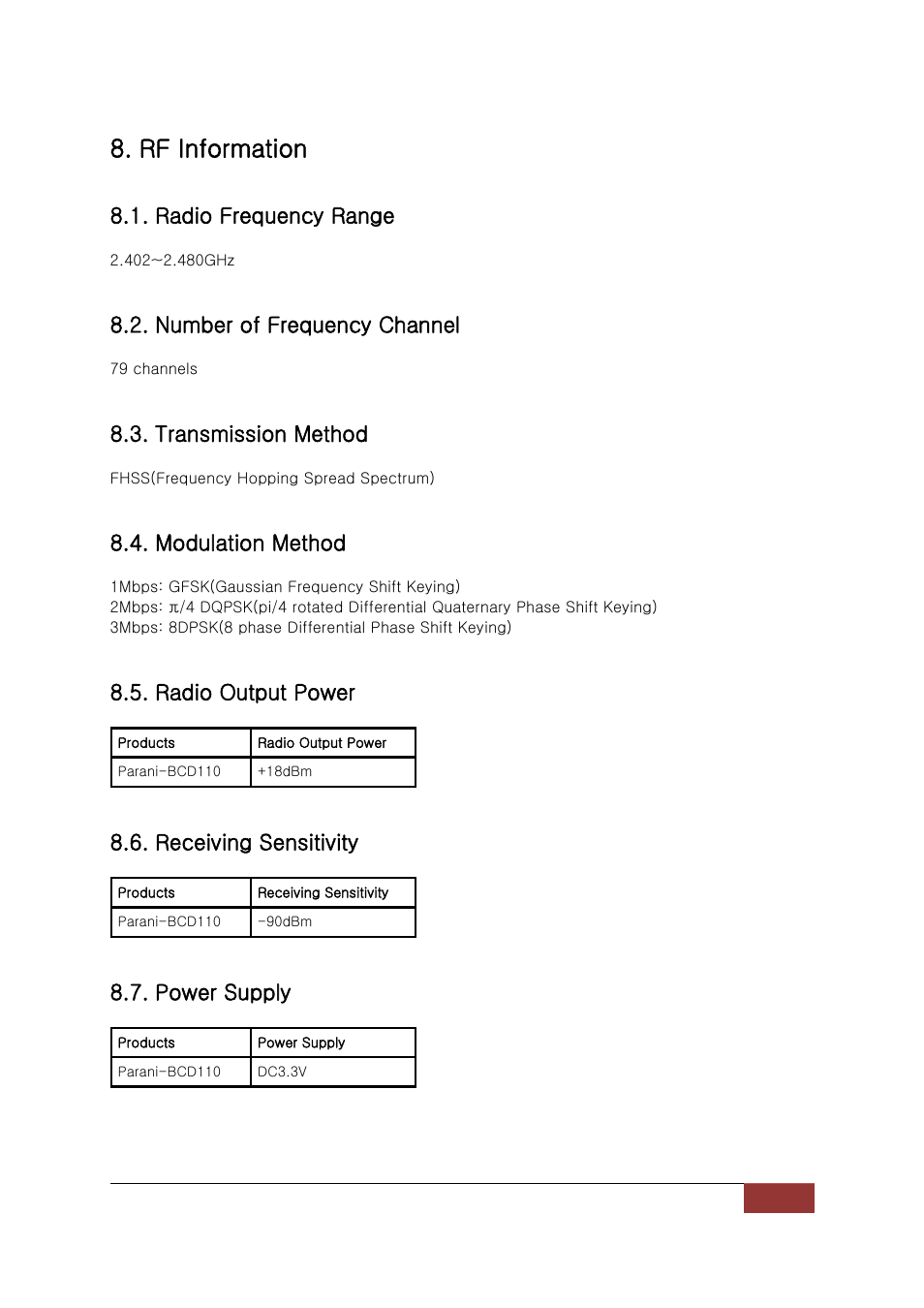 Rf information, Radio frequency range, Number of frequency channel | Transmission method, Modulation method, Radio output power, Receiving sensitivity, Power supply | SENA Parani-BCD110V3 User Manual | Page 42 / 85