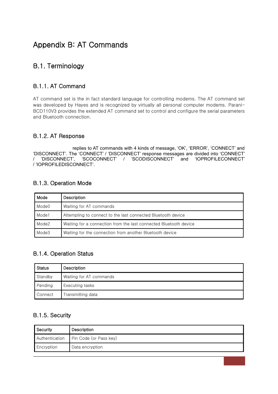Appendix b: at commands, B.1. terminology, B.1.1. at command | B.1.2. at response, B.1.3. operation mode, B.1.4. operation status, B.1.5. security | SENA Parani-BCD110V3 User Manual | Page 50 / 85
