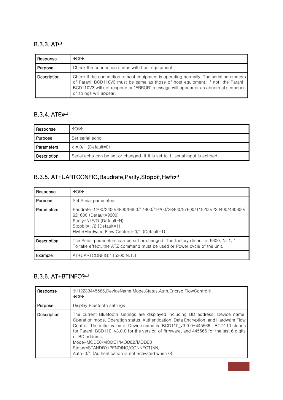 B.3.3. at, B.3.4. atex, B.3.5. at+uartconfig,baudrate,parity,stopbit,hwfc | B.3.6. at+btinfo | SENA Parani-BCD110V3 User Manual | Page 53 / 85