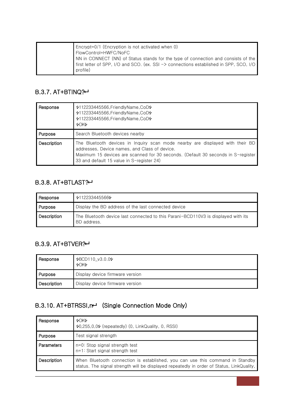B.3.7. at+btinq, B.3.8. at+btlast, B.3.9. at+btver | B.3.10. at+btrssi,n (single connection mode only) | SENA Parani-BCD110V3 User Manual | Page 54 / 85