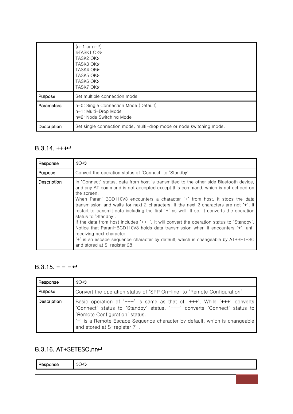 B.3.14, B.3.15, B.3.16. at+setesc,nn | SENA Parani-BCD110V3 User Manual | Page 56 / 85