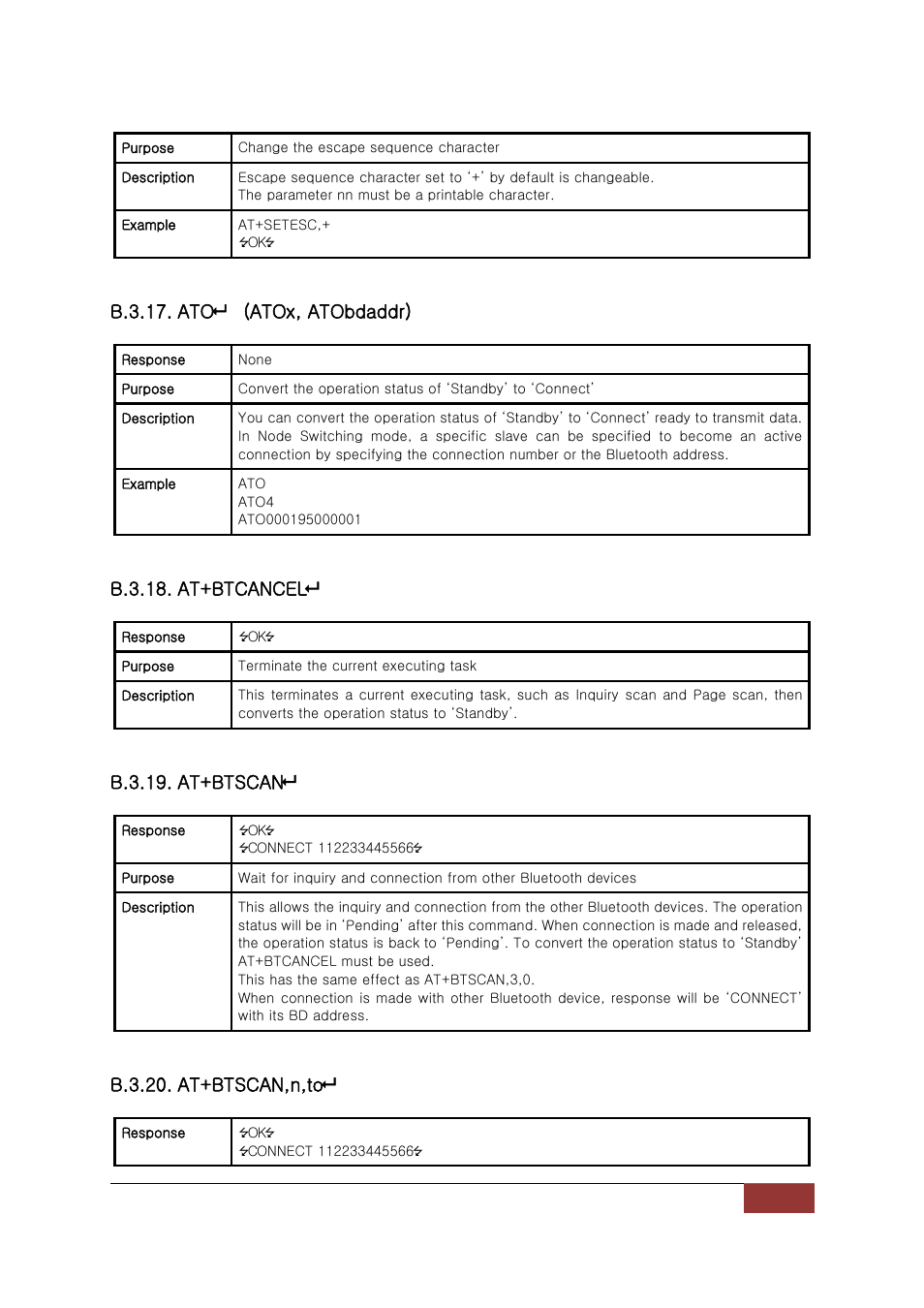 B.3.17. ato (atox, atobdaddr), B.3.18. at+btcancel, B.3.19. at+btscan | B.3.20. at+btscan,n,to | SENA Parani-BCD110V3 User Manual | Page 57 / 85