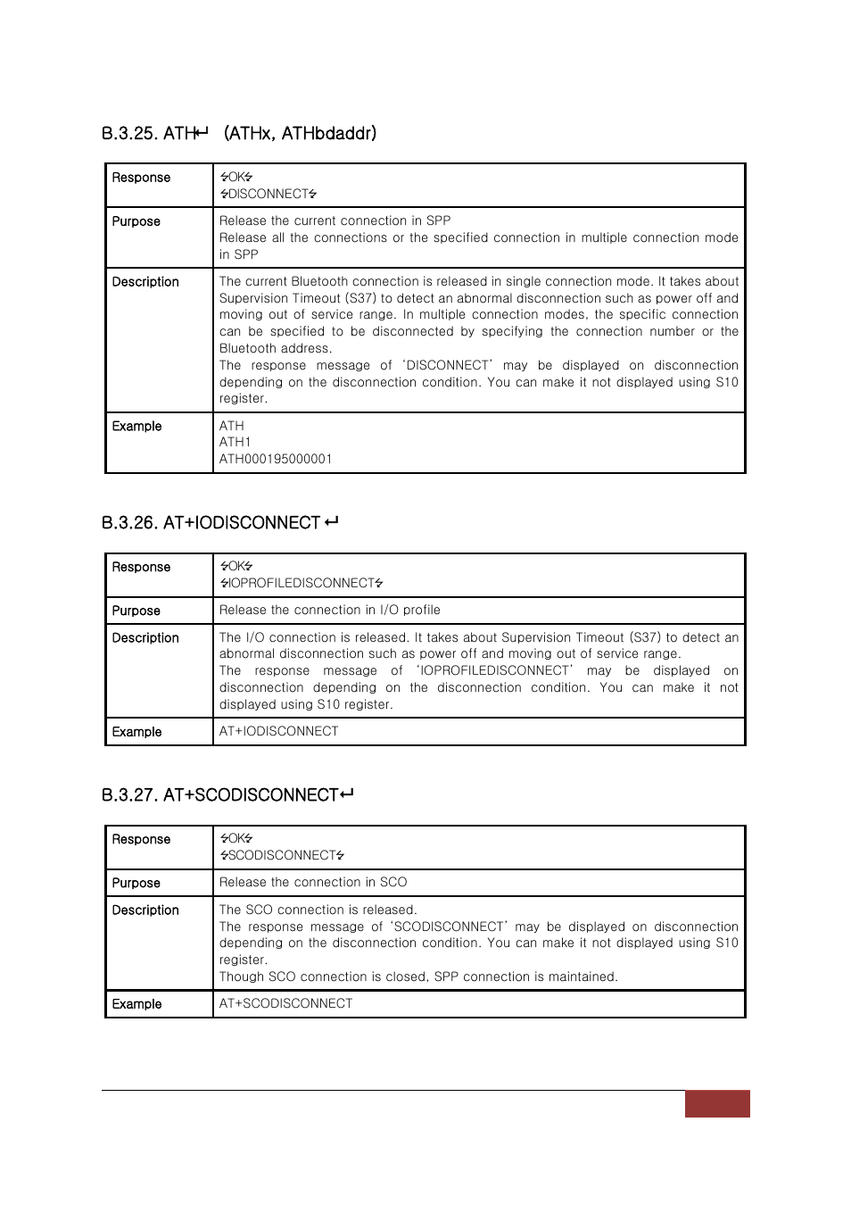 B.3.25. ath (athx, athbdaddr), B.3.26. at+iodisconnect, B.3.27. at+scodisconnect | SENA Parani-BCD110V3 User Manual | Page 60 / 85