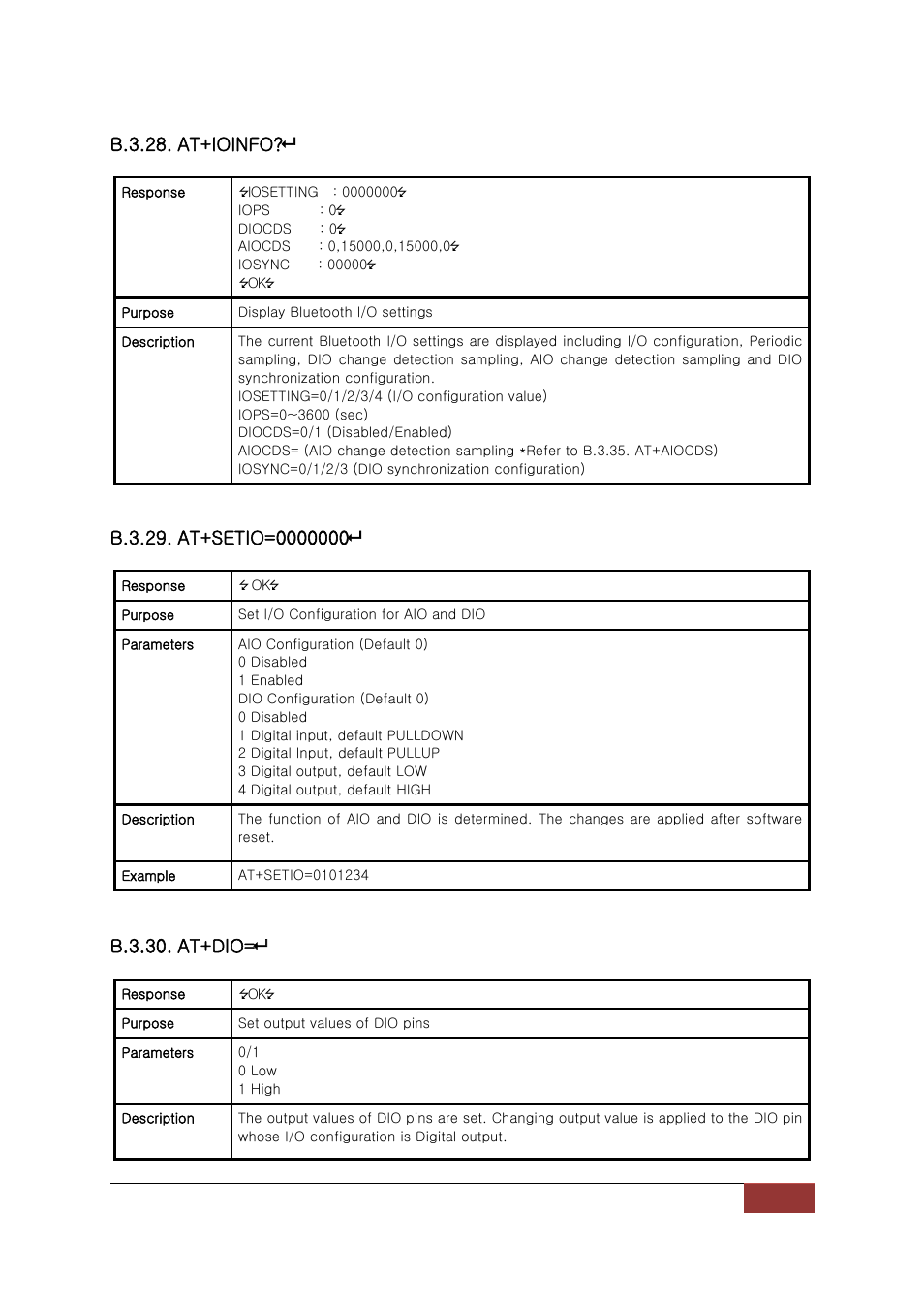 B.3.28. at+ioinfo, B.3.30. at+dio | SENA Parani-BCD110V3 User Manual | Page 61 / 85