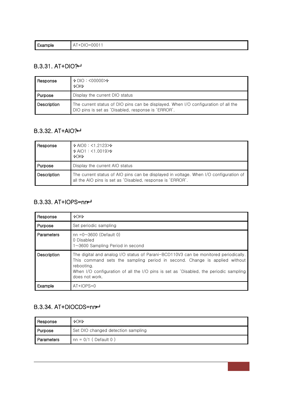 B.3.31. at+dio, B.3.32. at+aio, B.3.33. at+iops=nn | B.3.34. at+diocds=nn | SENA Parani-BCD110V3 User Manual | Page 62 / 85