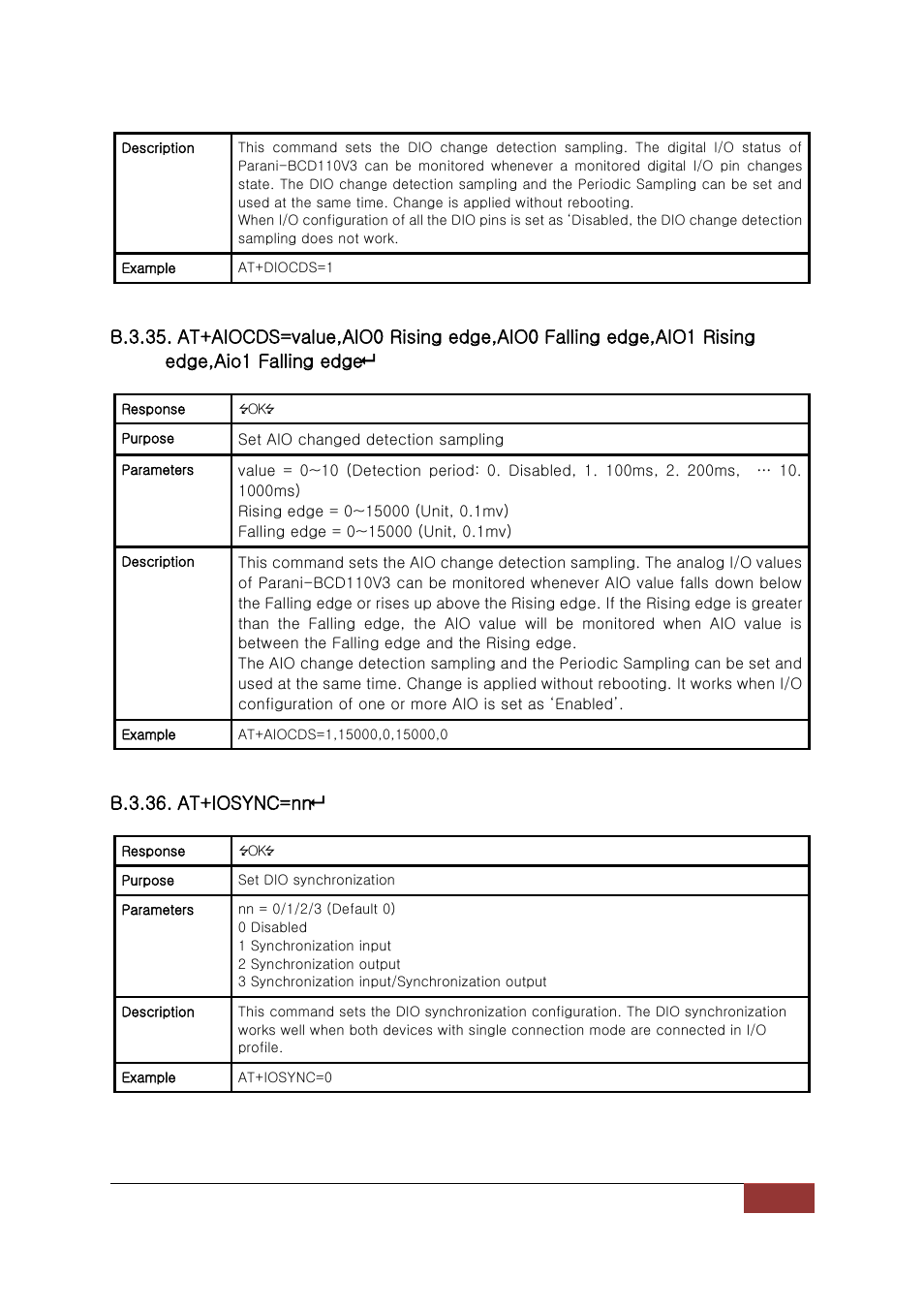 B.3.36. at+iosync=nn | SENA Parani-BCD110V3 User Manual | Page 63 / 85