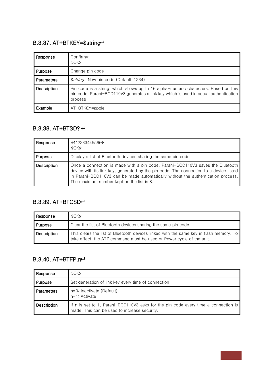 B.3.37. at+btkey=$string, B.3.38. at+btsd, B.3.39. at+btcsd | B.3.40. at+btfp,n | SENA Parani-BCD110V3 User Manual | Page 64 / 85