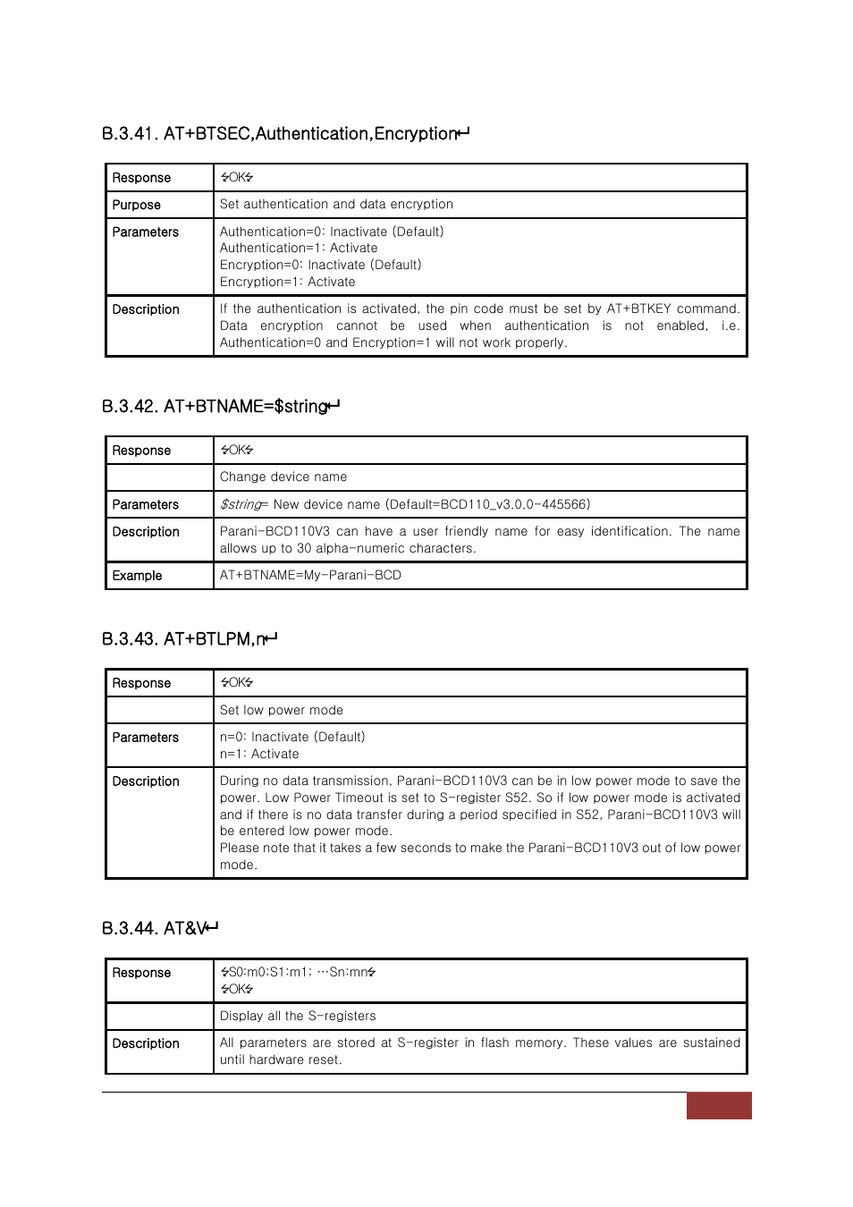 B.3.41. at+btsec,authentication,encryption, B.3.42. at+btname=$string, B.3.43. at+btlpm,n | B.3.44. at&v | SENA Parani-BCD110V3 User Manual | Page 65 / 85
