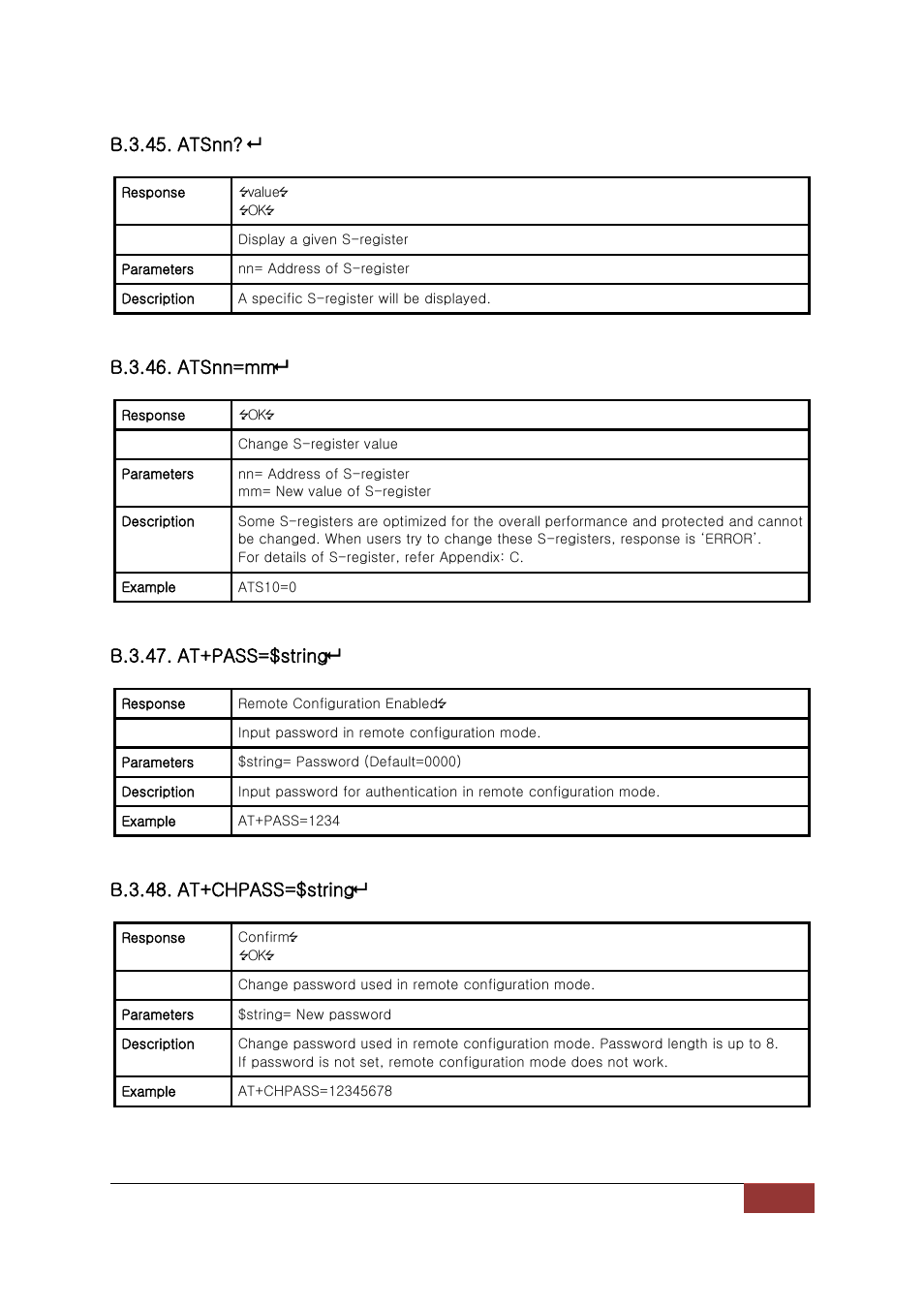 B.3.45. atsnn, B.3.46. atsnn=mm, B.3.47. at+pass=$string | B.3.48. at+chpass=$string | SENA Parani-BCD110V3 User Manual | Page 66 / 85