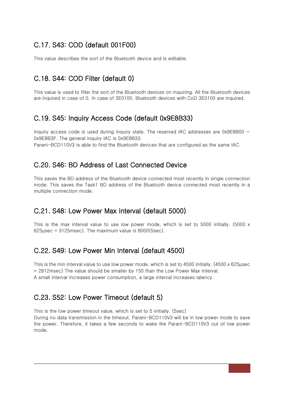 C.20. s46: bd address of last connected device | SENA Parani-BCD110V3 User Manual | Page 73 / 85