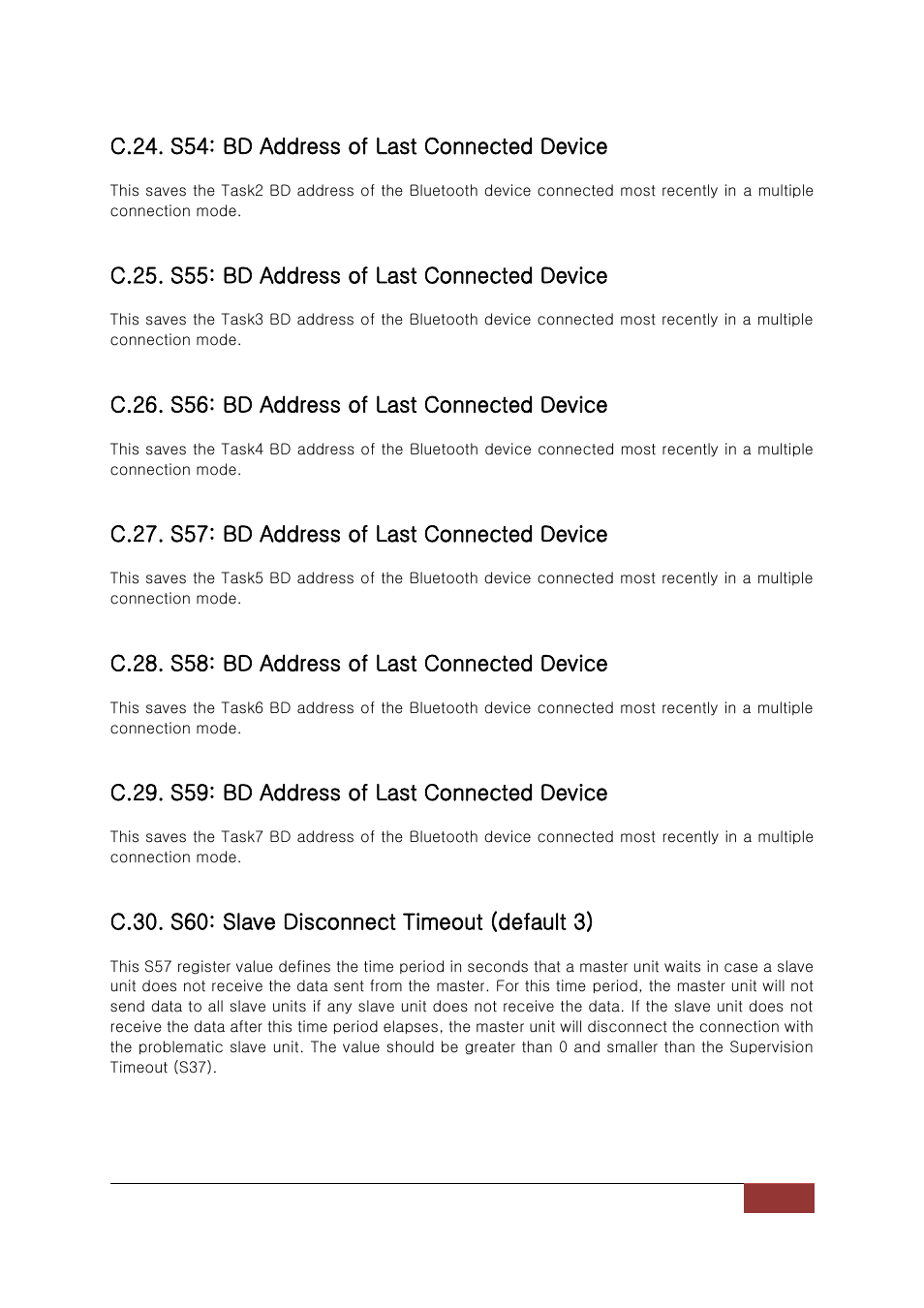 C.24. s54: bd address of last connected device, C.25. s55: bd address of last connected device, C.26. s56: bd address of last connected device | C.27. s57: bd address of last connected device, C.28. s58: bd address of last connected device, C.29. s59: bd address of last connected device | SENA Parani-BCD110V3 User Manual | Page 74 / 85