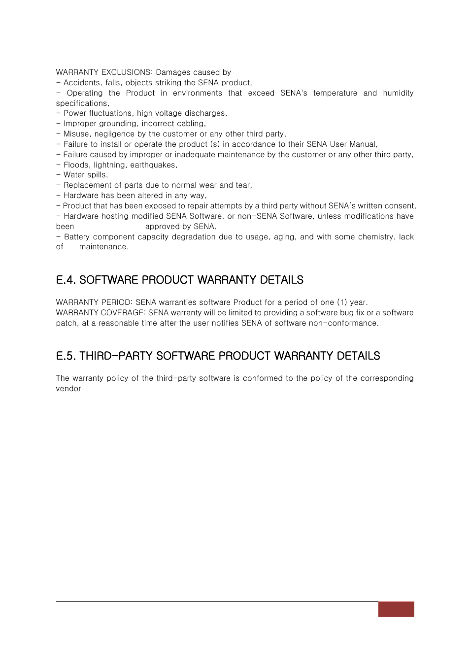 E.4. software product warranty details, E.5. third-party software product warranty details | SENA Parani-BCD110V3 User Manual | Page 79 / 85