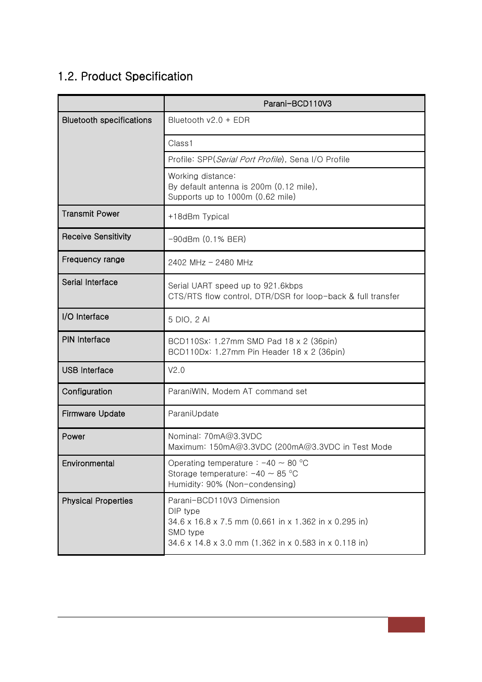 Product specification | SENA Parani-BCD110V3 User Manual | Page 9 / 85
